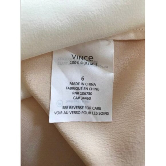 VINCE 100% Silk Long Sleeve Colorblock Blouse Top Size 6 Ivory Peach Split Neck - Picture 9 of 10
